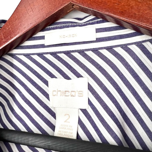Chicos Sz 2 Large Gold Pin Stripe Metallic Blue Blouse Shirt Top Formal Dinner - Picture 2 of 10